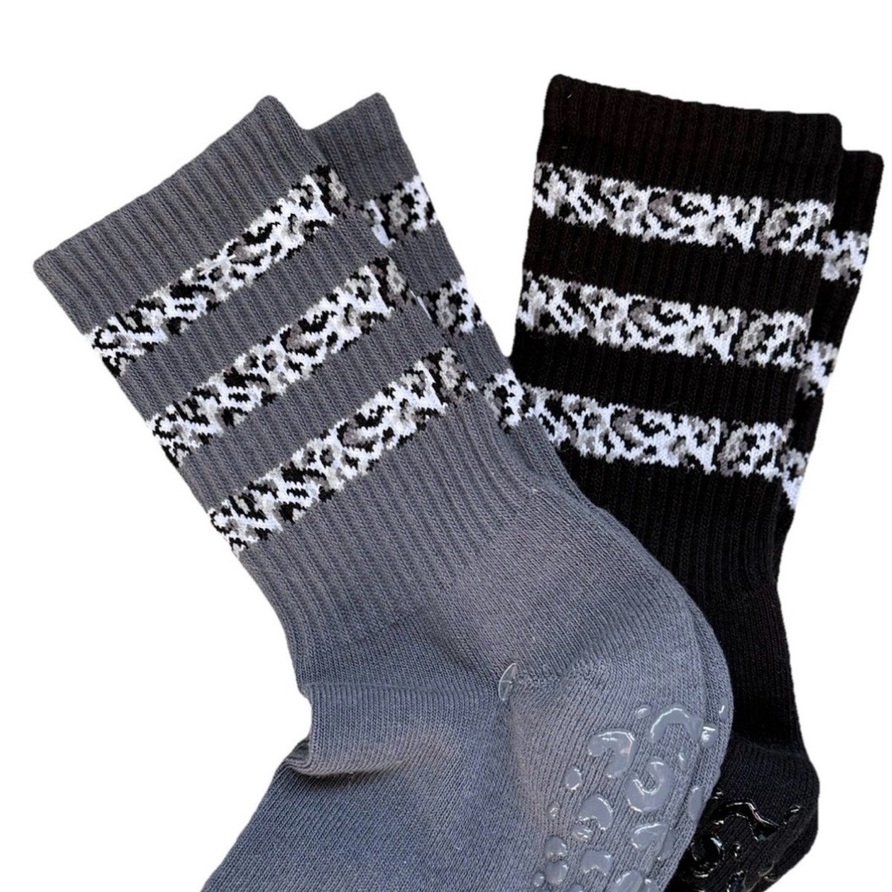 NEW Gray and Black Striped GRIP Patterned Socks 2 pack OS Pilates Yoga Barre